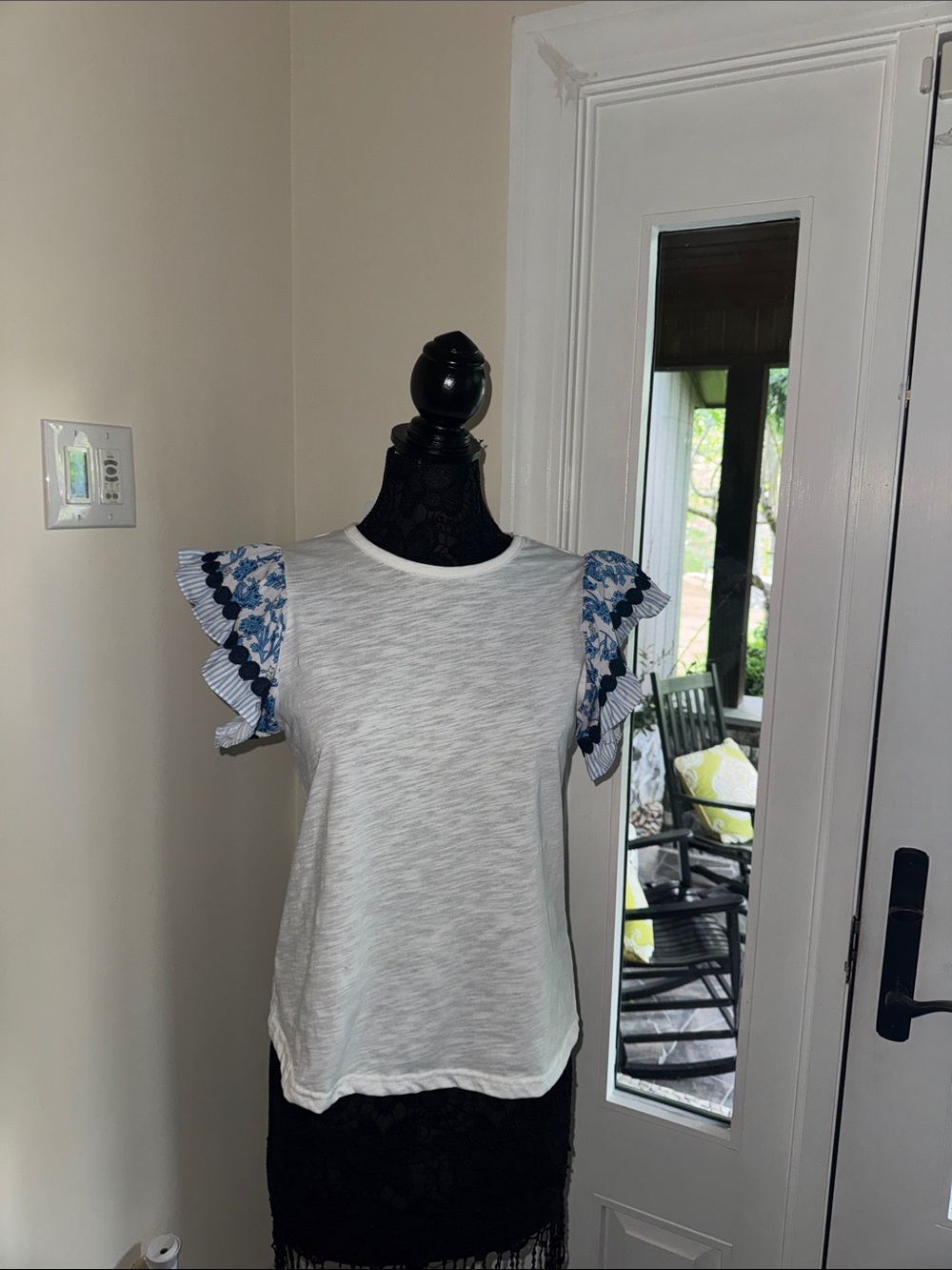 White Knit Top with Blue Floral Stripe Ruffle Sleeves